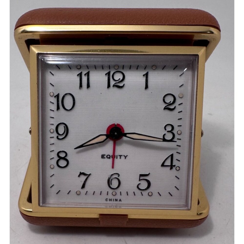 Vintage Equity Travel Alarm Clock Gold-Tone Case Brown Faux Leather Cover Fold U